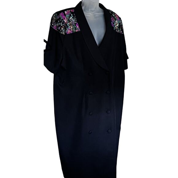 Enge Double Breasted Midi Dress SZ 24 Black Office Lapel Professional Elegant - Picture 2 of 10